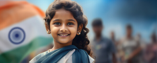 A Young Indian Girl Smiling and Waving a Flag. A fictional character created by Generative AI.