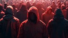 Dark Mysterious Faceless People Wearing Red Robes In A Crowd Standing Still