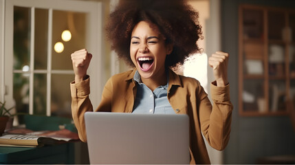 Wall Mural - Excited happy african american woman rejoicing new job opportunity