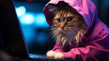 Wall Mural - Cat in a pink hoodie using laptop