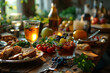 view on wooden table with full of food, ready for dinner, vintage village style setted
