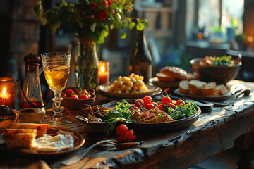 view on wooden table with full of food, ready for dinner, vintage village style setted