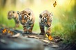 trio of cubs stalking a fluttering butterfly