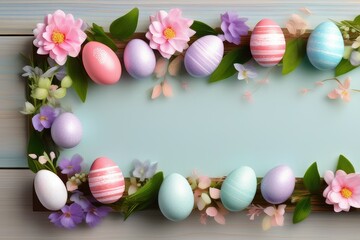 Easter holiday celebration banner greeting card with pastel painted eggs on bright wooden table texture