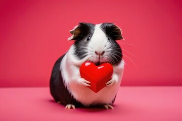 Wall Mural - Funny animal Valentines Day, love, wedding celebration concept greeting card - Cute guinea pig holding a red heart, isolated on red background