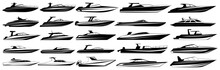 Set Collections Black Speed Boat Silhouette Icon. Glossy Boat Design Vector Illustration