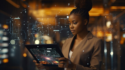Black woman with tablet. innovation, research and programming in future information technology.. Developer for startup business website software
