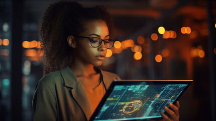 Black woman with tablet. innovation, research and programming in future information technology.. Developer for startup business website software