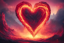 Abstract Fiery Heart Surrounded By Flames On A Dark Background, Symbolizing Passion Or Intense Emotion.