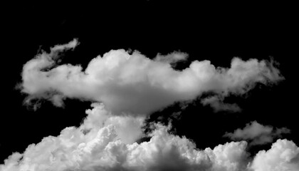 Wall Mural - Large white clouds. Cloud isolated on black sky with fluffy white cloudscape texture. Black sky nature background, cloudy, white and black, horizontal