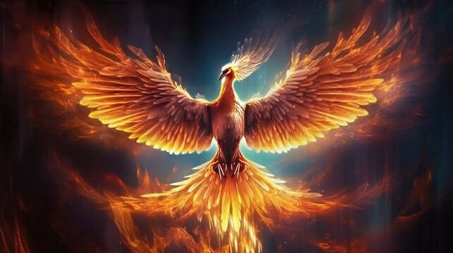 Fantasy a Phoenix bird with fire burning Glowing Wings on dramatic. AI generated image