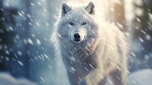 A White Wolf Walking Alone In The Snowfalls At Winter Time. AI Generated Image