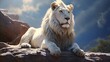 A big white Lion wild animal lie down on the rock with nature sunlight background. AI generated