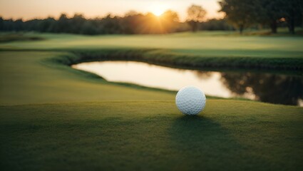 Wall Mural - AI generated illustration of a golf ball poised on green field at sunrise