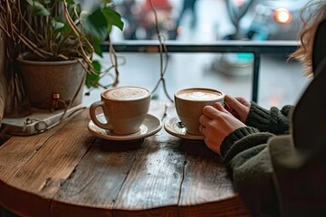 Wall Mural - Morning bliss. Perfectly poured cappuccino in stylish mug resting on wooden cafe table capturing essence of cozy breakfast or refreshing coffee break with delightful aroma and creamy artistic foam