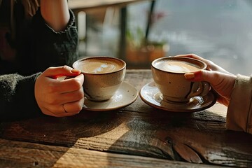 Wall Mural - Morning bliss. Perfectly poured cappuccino in stylish mug resting on wooden cafe table capturing essence of cozy breakfast or refreshing coffee break with delightful aroma and creamy artistic foam