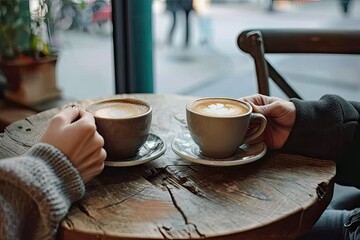 Wall Mural - Morning bliss. Perfectly poured cappuccino in stylish mug resting on wooden cafe table capturing essence of cozy breakfast or refreshing coffee break with delightful aroma and creamy artistic foam