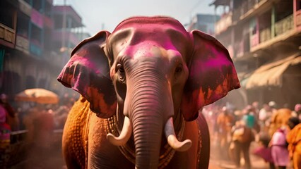 Wall Mural - A decorated elephant covered in vibrant pink powder walks through a bustling street during a colorful festival celebration