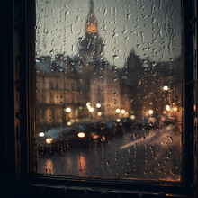 A Cityscape Seen Through Raindrops On A Window.