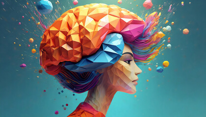 Fototapete - 3D polygon colorful brain splash brainstorm and inspire concept