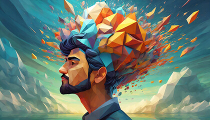 Poster - 3D polygon colorful brain splash brainstorm and inspire concept