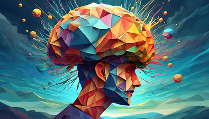 Poster - 3D polygon colorful brain splash brainstorm and inspire concept