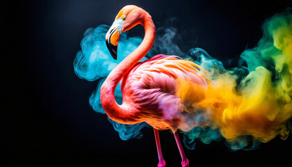 A flamingo made of colorful smoke