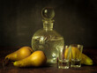 Antique-style still life with pears and alcohol.