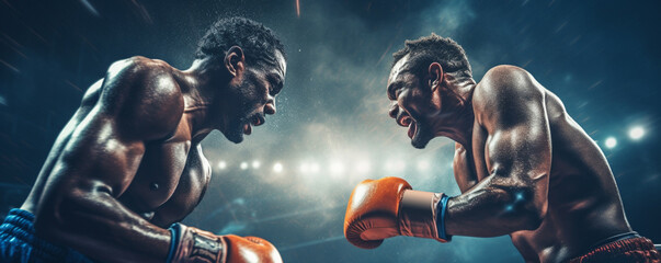 Two emotional strong black man boxers in dynamic action in boxing ring.