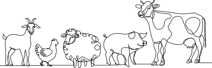 Wall Mural - continuous single line drawing of farm animals, livestock line art vector illustration
