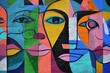 © World of AI - Wall graffiti street art graffiti doodle art colorful faces geometric collage pastel
