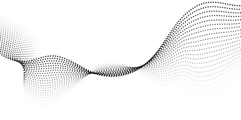 Halftone flowing wavy gradient dots shape isolated on transparent background. Digital future technology concept. Design for web design, music, cover, technology, science, data, banner, flayer, poster.