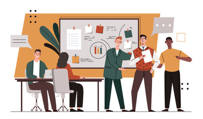 Wall Mural - business team concept. men and woman with information, dashboard. workers brainstorm near statistics