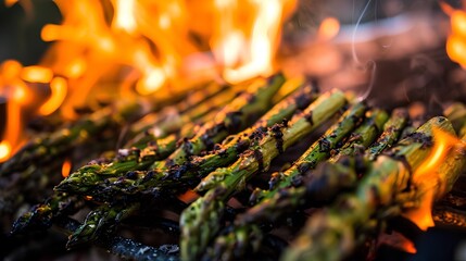 Wall Mural - Juicy grilled BBQ asparagus spears with charred marks, cooking over a smoky charcoal fire on an outdoor grill, perfect for a summer barbecue.