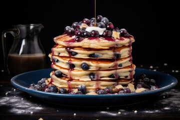 stack of blueberry pancakes on the plate with maple syrup and fresh berries on dark blue  and black  background for breakfast