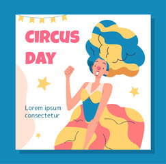 Sticker - Circus Day poster. International holiday and festival 16 April. Woman with red nose. Clown performing. Graphic element for website. Cartoon flat vector illustration isolated on blue background