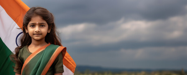 Poster - Indian Flag Emblem as a Backdrop for a Young Indian Girl. A fictional character created by Generative AI.