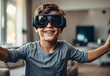 © tanya78 - boy wearing virtual reality glasses at home simulation