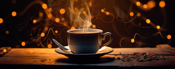 Banner with black hot coffee cup and golden smoke on wooden table. Mug with steaming smoke on dark background with golden lights, glittering sparkles and bokeh. Warm, light atmosphere. Magic mourning