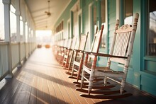 A Row Of Empty Rocking Chairs Swaying On A Deserted Porch