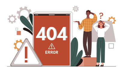 Wall Mural - error alert internet concept. man and woman with error 404 at mobile phone. webpage not found. wrong