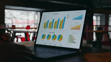 A close-up view of a laptop in a dark room, which opens and an image of graphs with company statistics turns on on the display or screen. Summarizing the results of the year using statistics on charts