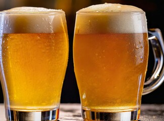 Two glasses of beer isolated on bar background