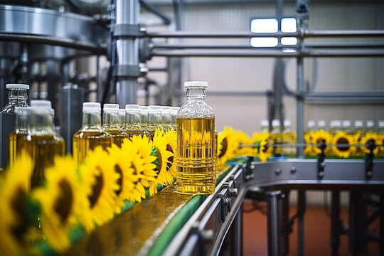 Automatic conveyor line for bottling sunflower oil at a plant or factory for the production of drinks, modern computerized industrial equipment. Plant for the production of vegetable oil.