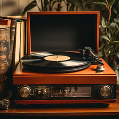 Canvas Print - Vintage record player with a stack of vinyl records.