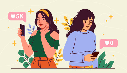 Popular vs unpopular women. Different young girls with smartphones look at reactions in social networks. Different users of social media. Cartoon flat vector illustration isolated on beige background