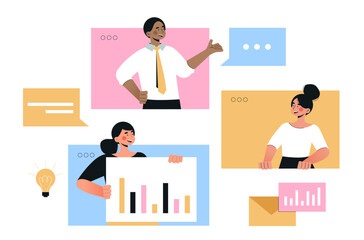 Wall Mural - teamwork online concept. man and women work at common project. workers and partners with statistics 