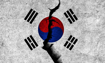 Wall Mural - South Korea flag on cracked wall background. South Korea crisis, political division, conflicts concept.