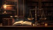 Vintage Legal Books and Scales of Justice in Library