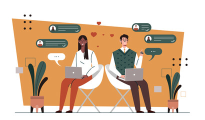 Wall Mural - texting message concept. man and woman with laptop communicate in social networks and messengers. in